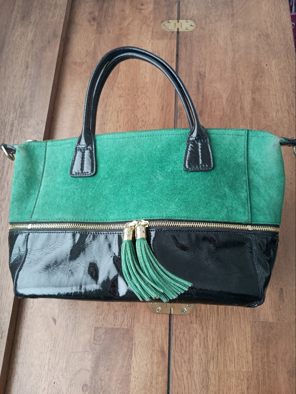 Relic Tote with Tassel Accent Green Black Colorblock Faux Suede